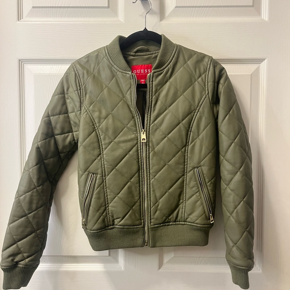 GUESS Green Quilted Faux Leather‎ Bomber Jacket Sz XS